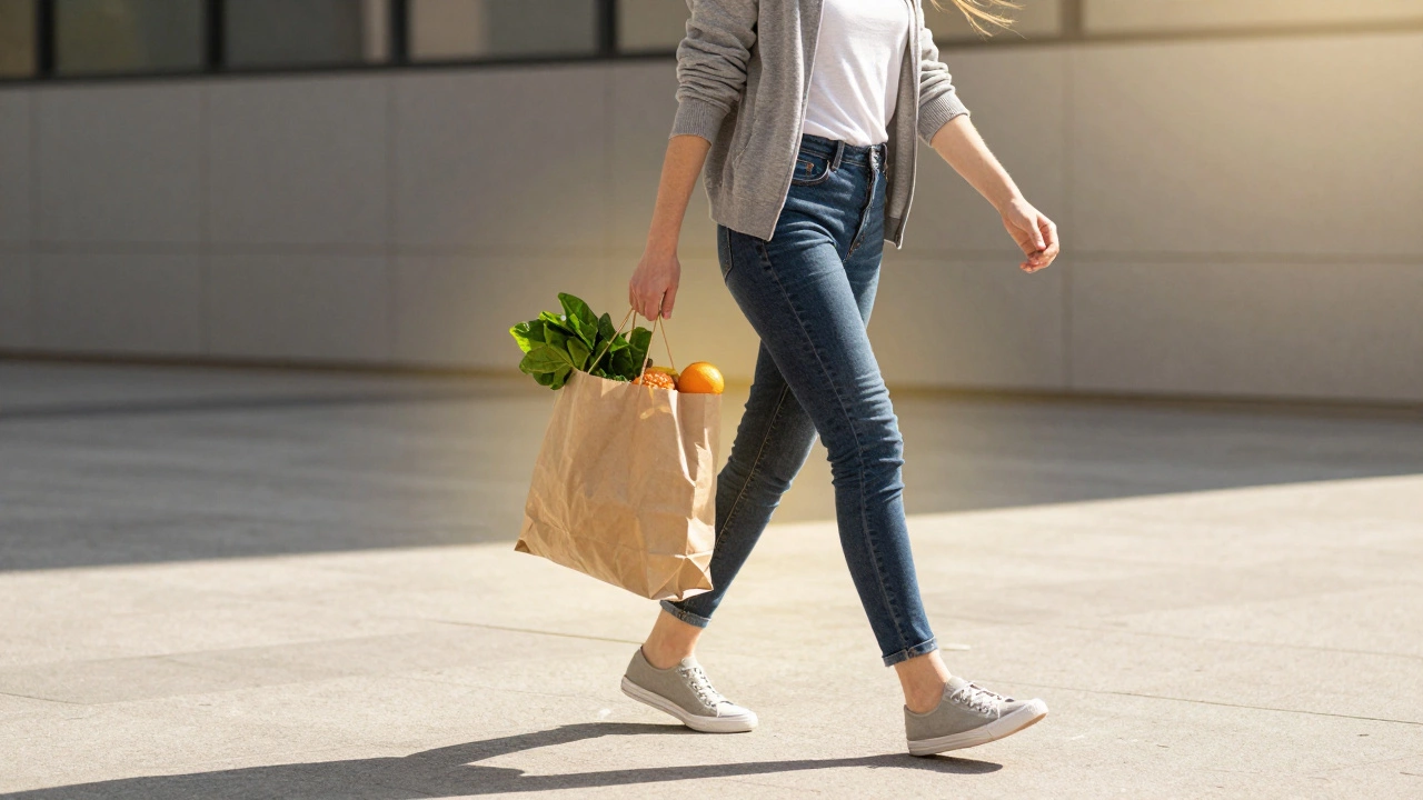 Человек идет с продуктами для восстановления после донорства: шпинат, чечевица и цитрусовые.