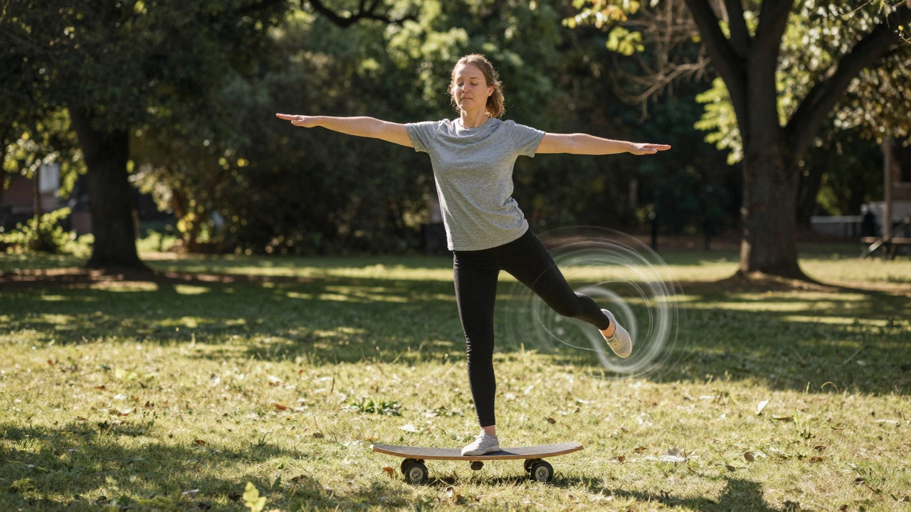 Человек стоит на одной ноге на баланс-доске с закрытыми глазами, тренируя проприоцепцию на природе.