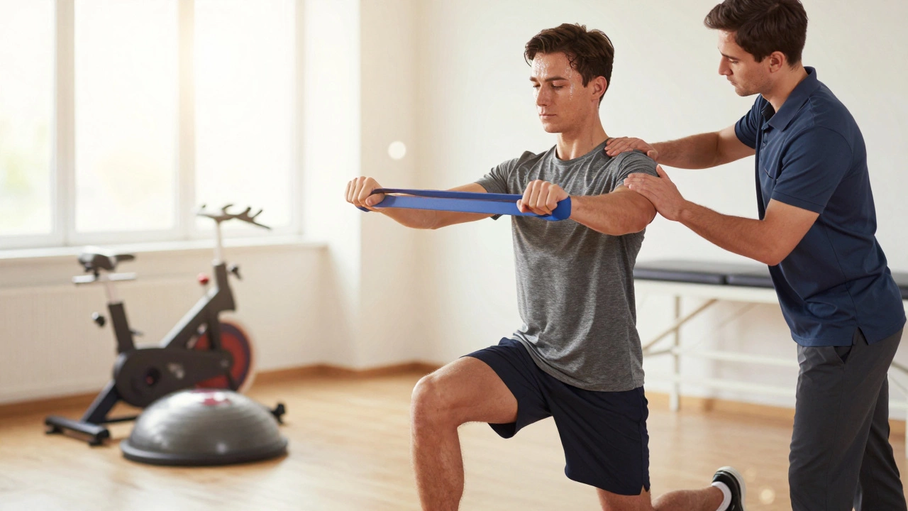 Человек выполняет упражнение с эластичной лентой в физиотерапевтическом зале, фокусируясь на правильной технике.