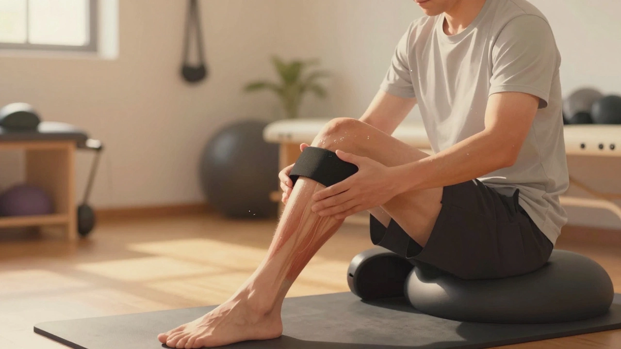 Физиотерапевт помогает пациенту выполнять упражнение на восстановление подвижности колена с резиновой лентой.