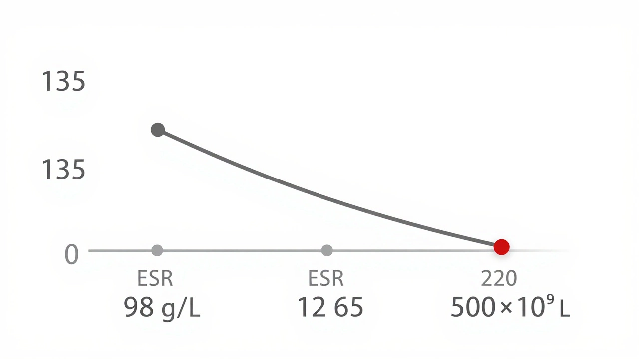 График изменения показателей крови со временем: гемоглобин падает, СОЭ и тромбоциты растут.