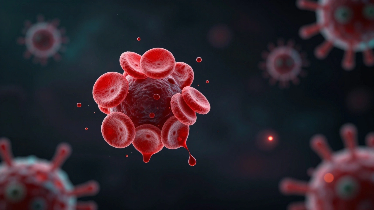 Капля крови с аномально высоким и низким количеством тромбоцитов на фоне раковых клеток