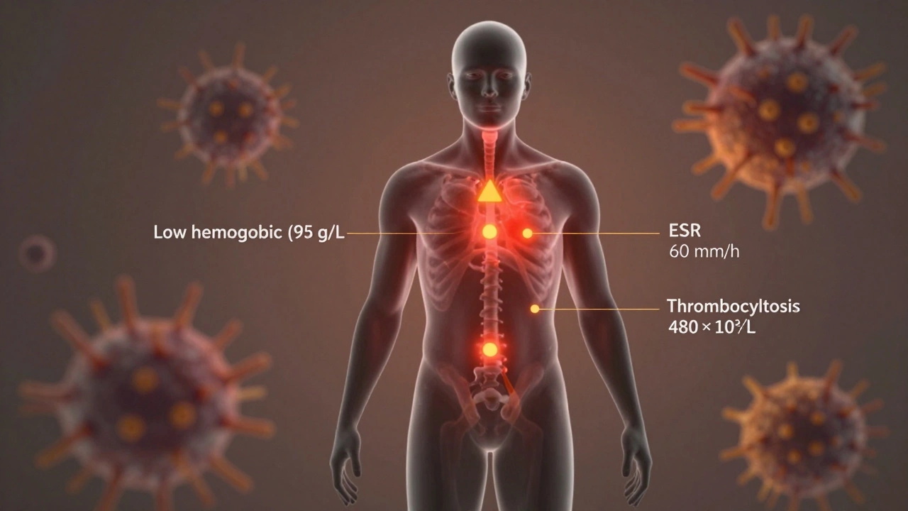 Концептуальное изображение тела с тревожными сигналами из костного мозга, указывающими на аномалии в крови.