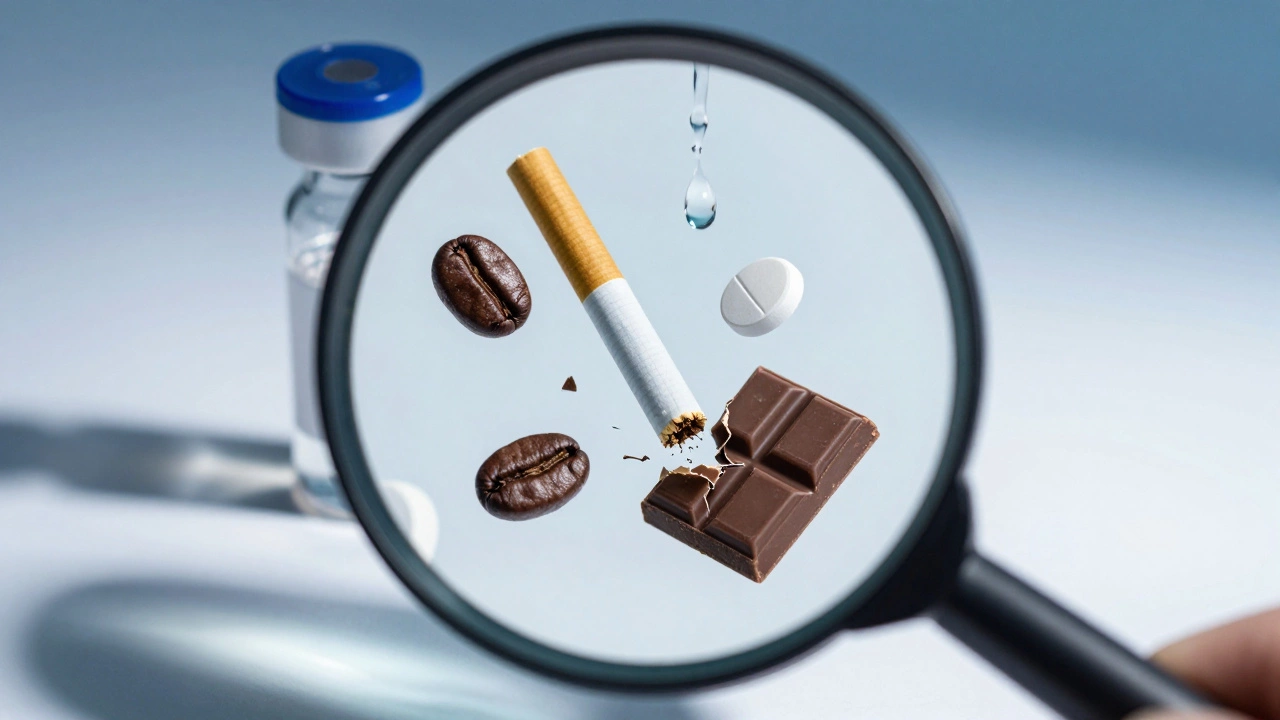 Кровяная пробирка под лупой: внутри — искажённые формы кофе, сигареты и шоколада, которые растворяются под потоком чистой воды.