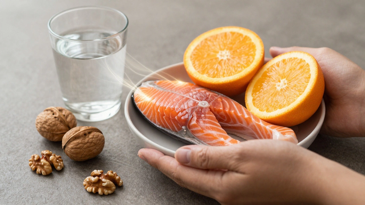 Пища, поддерживающая заживление: лосось, апельсины, грецкие орехи, вода, с мягким эффектом исцеляющих волокон.