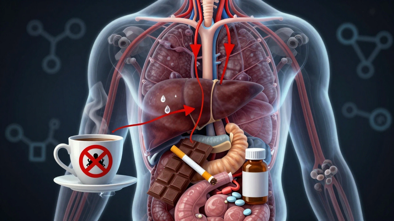 Прозрачное тело с запрещёнными предметами, влияющими на органы, и одной каплей воды, светящейся в потоке крови.