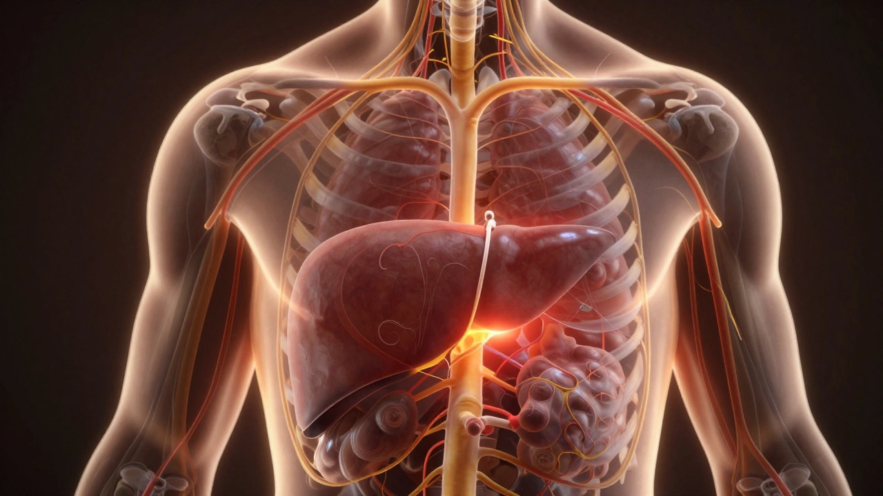 Прозрачный силуэт тела с увеличенной печенью, давящей на капсулу, и светящимися нервными путями к плечу и спине.