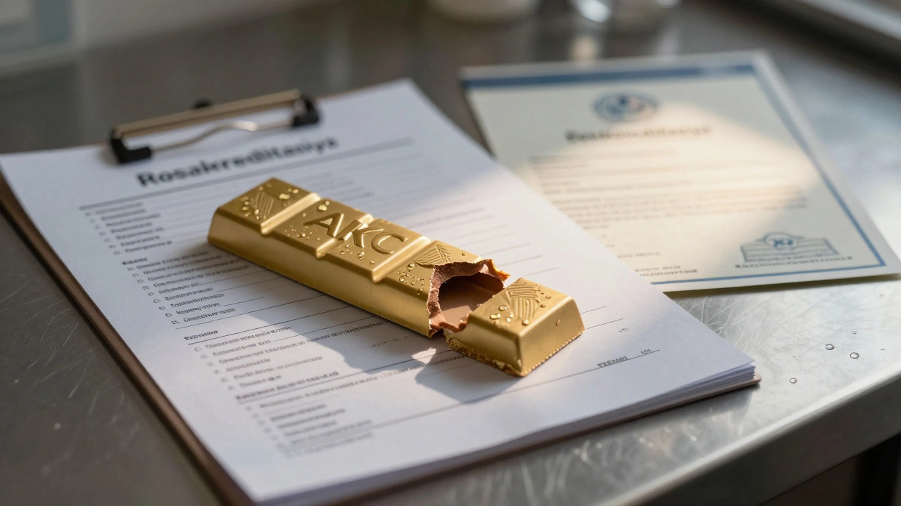Разбитая шоколадка с надписью AKC, рядом — настоящий сертификат аккредитации на стальном столе.