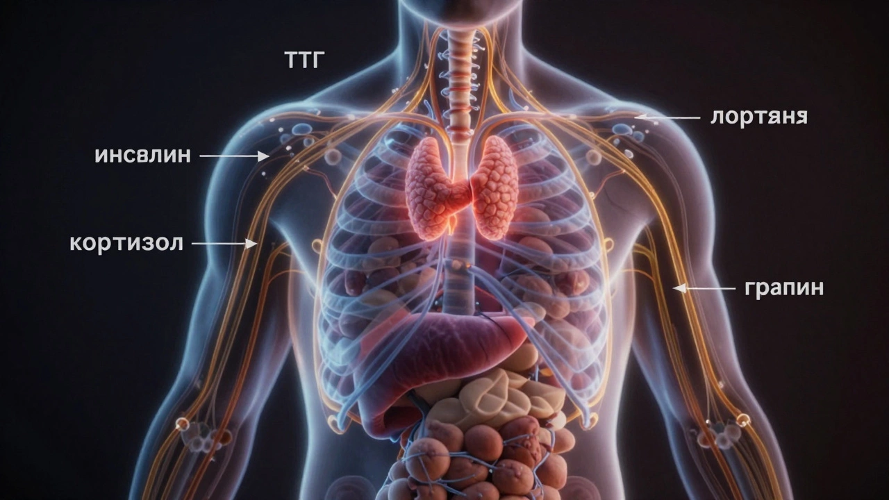 Схематичное изображение человеческого тела с светящимися гормональными сигналами между органами.