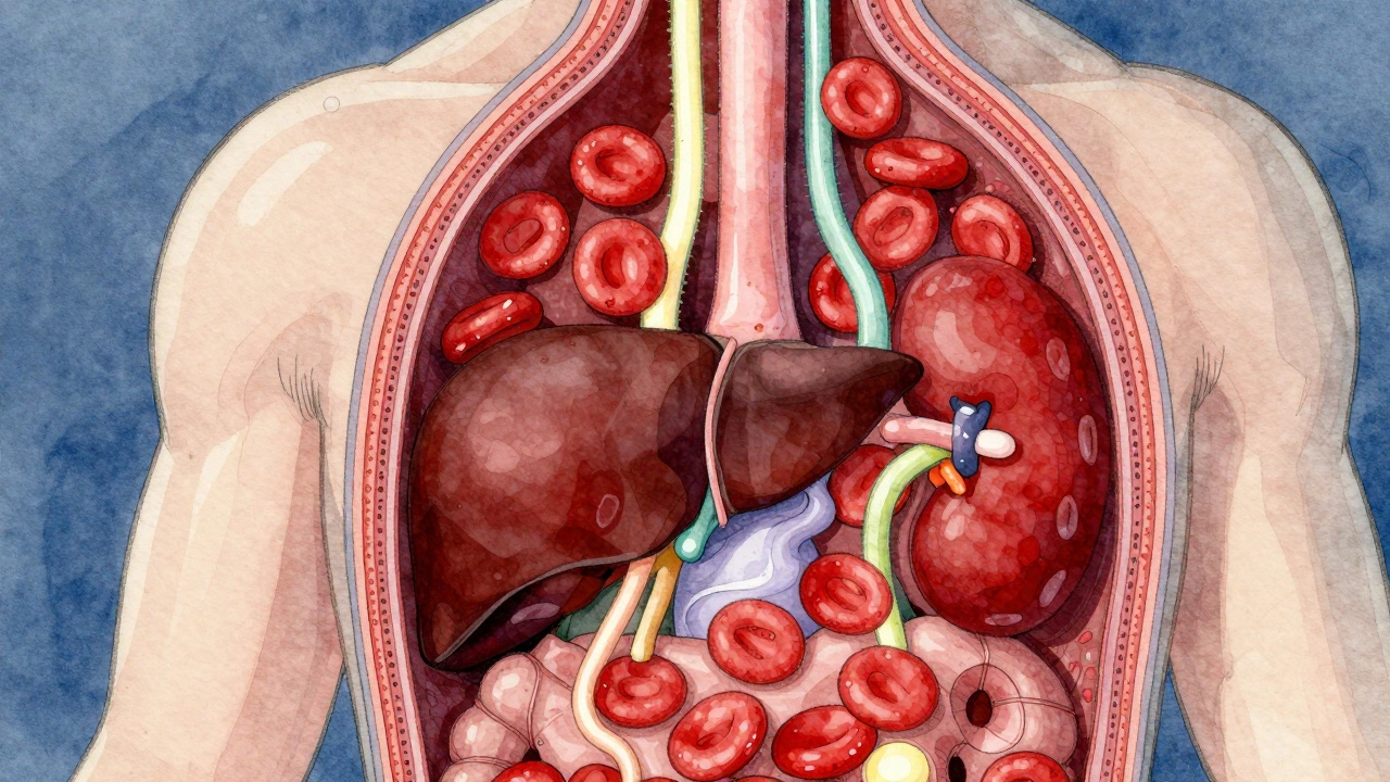 Схематичное изображение внутренних процессов восстановления крови: костный мозг, печень и почки активно работают.