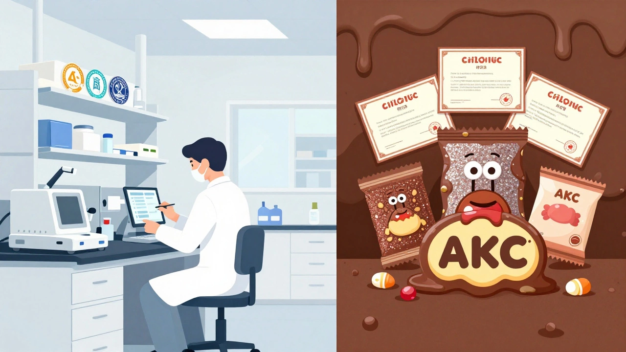 Сравнение надежной лаборатории и фальшивой с шоколадной тематикой, изображено в виде двухчастной иллюстрации.