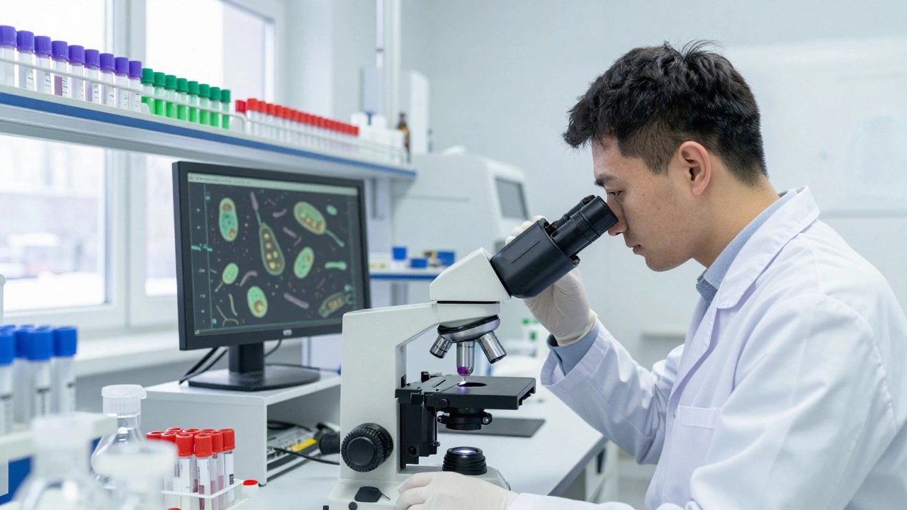 Техник в лаборатории изучает личинки трихинеллы под микроскопом в фиолетовой пробирке.