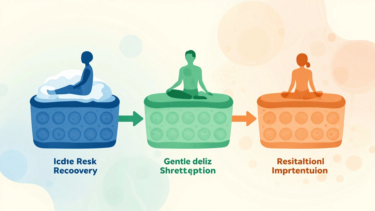 Три этапа восстановления тканей: покой, растяжка, укрепление, изображены как цветные фазы на пути роста.