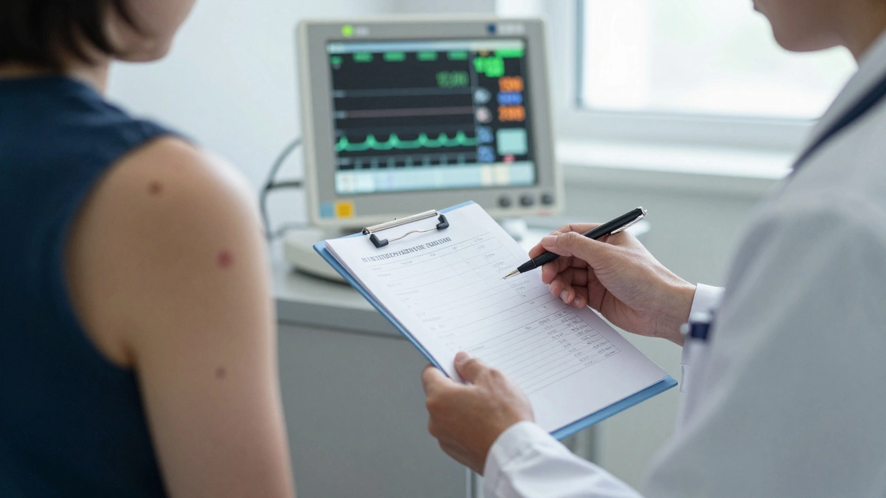 Врач показывает пациенту анализ крови с критически низким уровнем тромбоцитов и синяками на руке