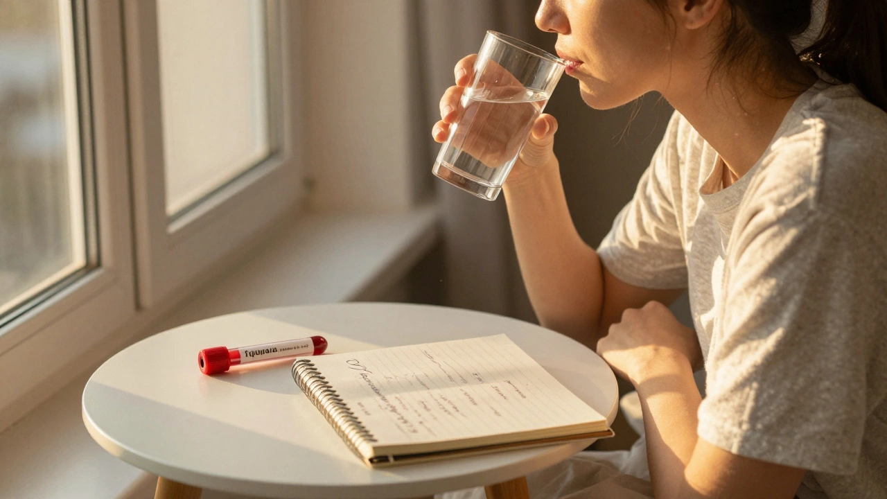 Женщина просыпается утром, пьет воду, рядом лежат заметки о сне и питании для улучшения обмена веществ.