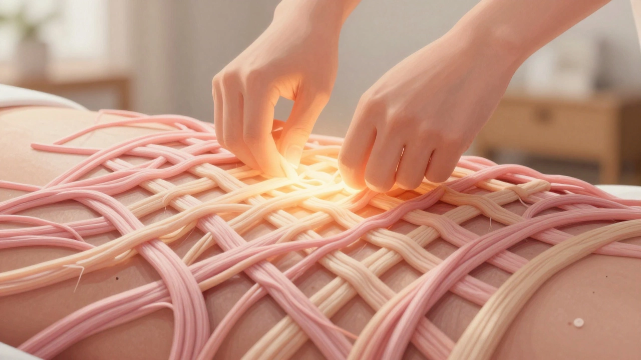 Абстрактное изображение коллагеновых волокон, упорядочивающихся в поврежденной ткани под воздействием легких упражнений.