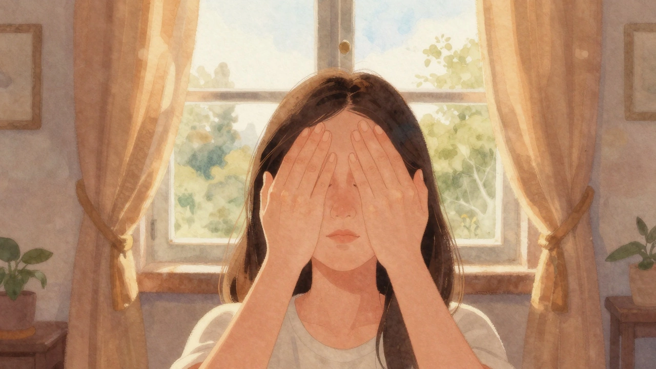 Человек практикует пальминг — ладони на закрытых глазах, мягкий свет из окна.