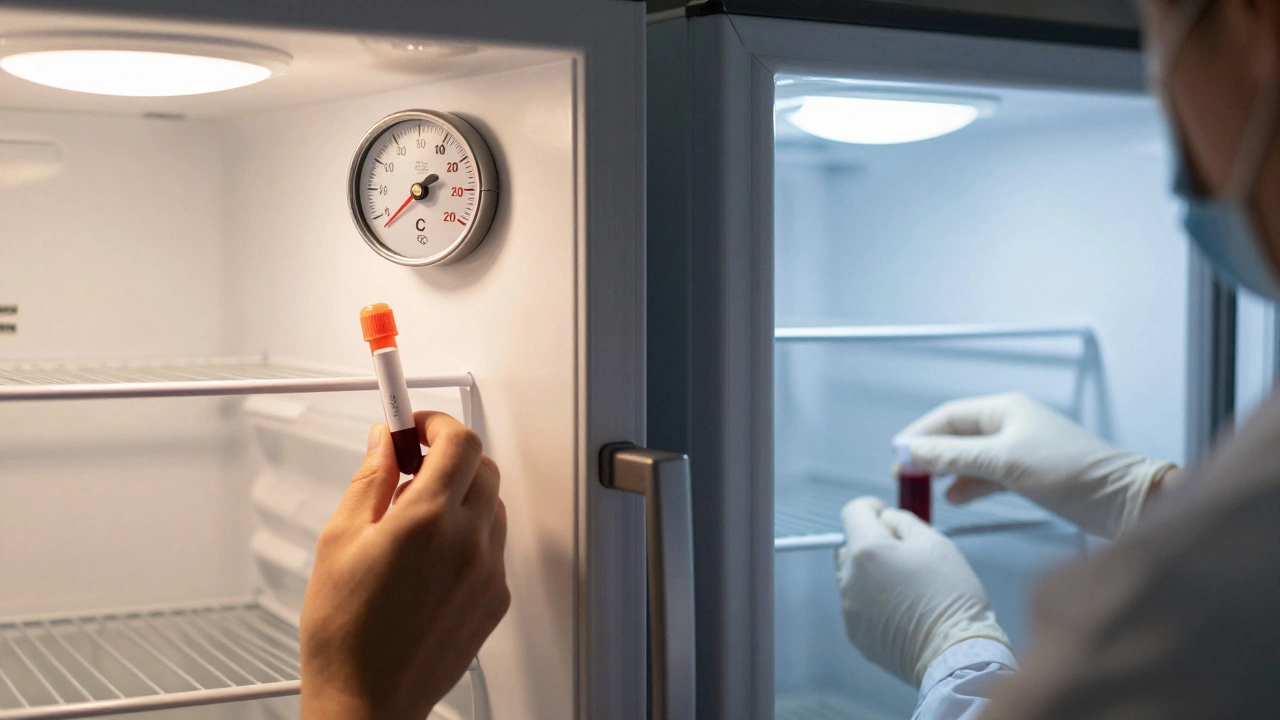 Домашний холодильник с кровью и колебаниями температуры рядом с лабораторным