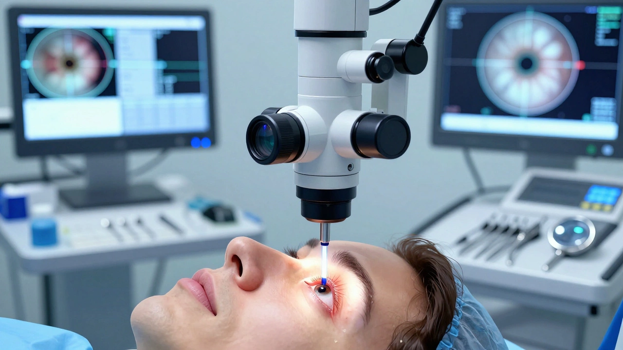 Хирургическая операция LASIK с лазерной коррекцией роговицы под микроскопом.