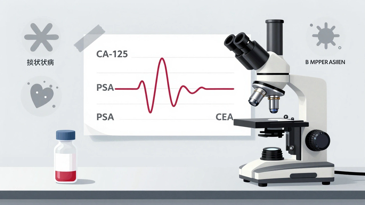 Лабораторный стол с анализами крови и графиками онкомаркеров, показывающими ложные сигналы на фоне других заболеваний.