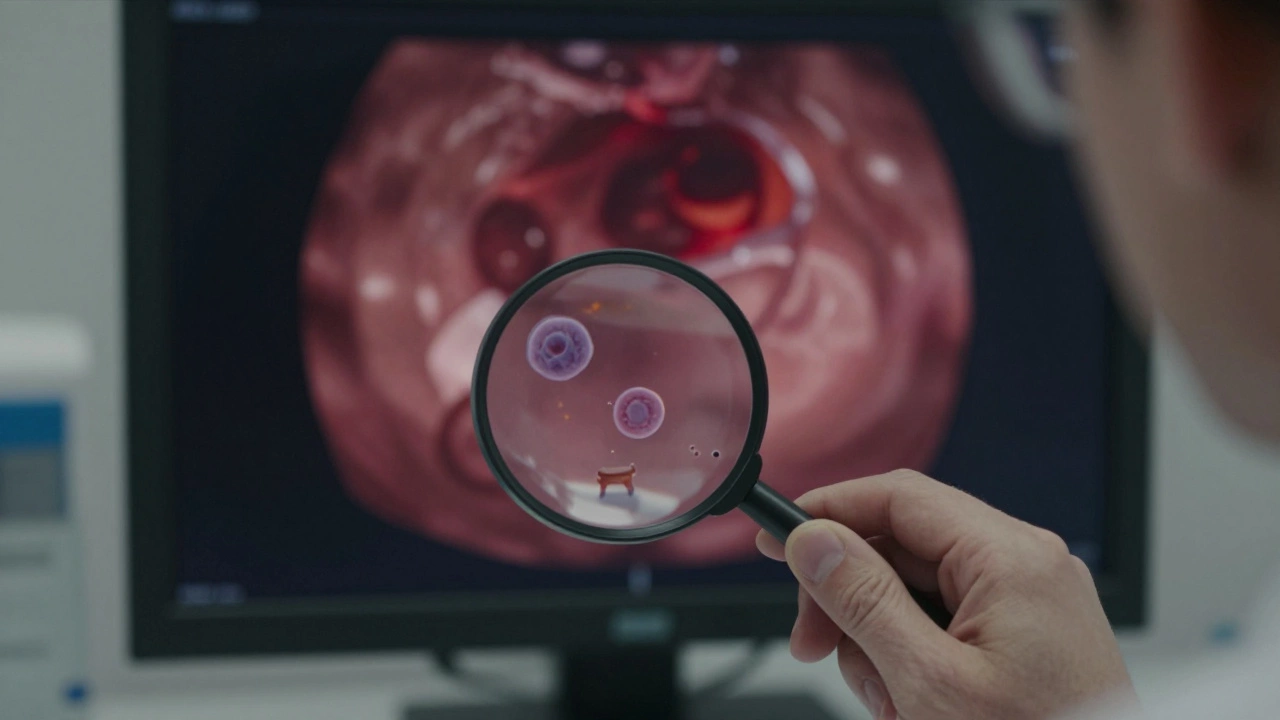 Микроскопический вид воспалительных клеток в образце кала, с фоном колоноскопии.