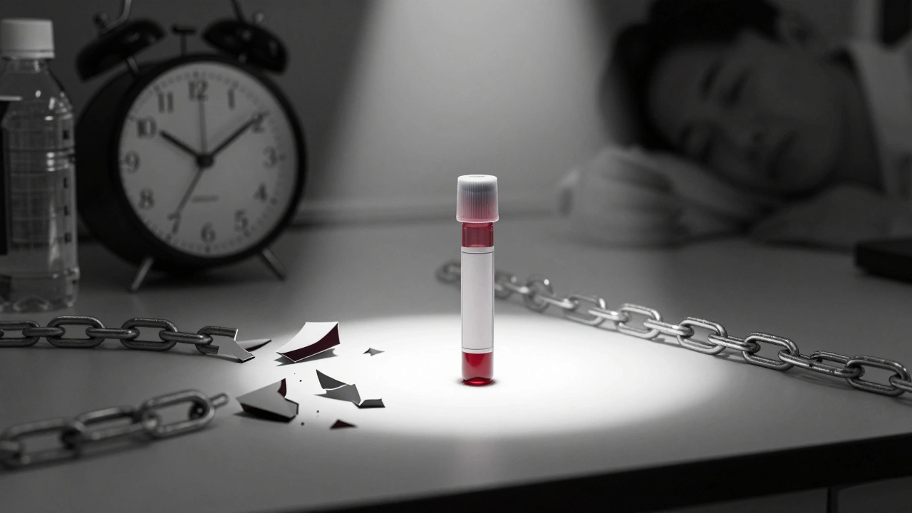 Пробирка с кровью на фоне разорванных цепей и часов, символизирующая правильную подготовку.