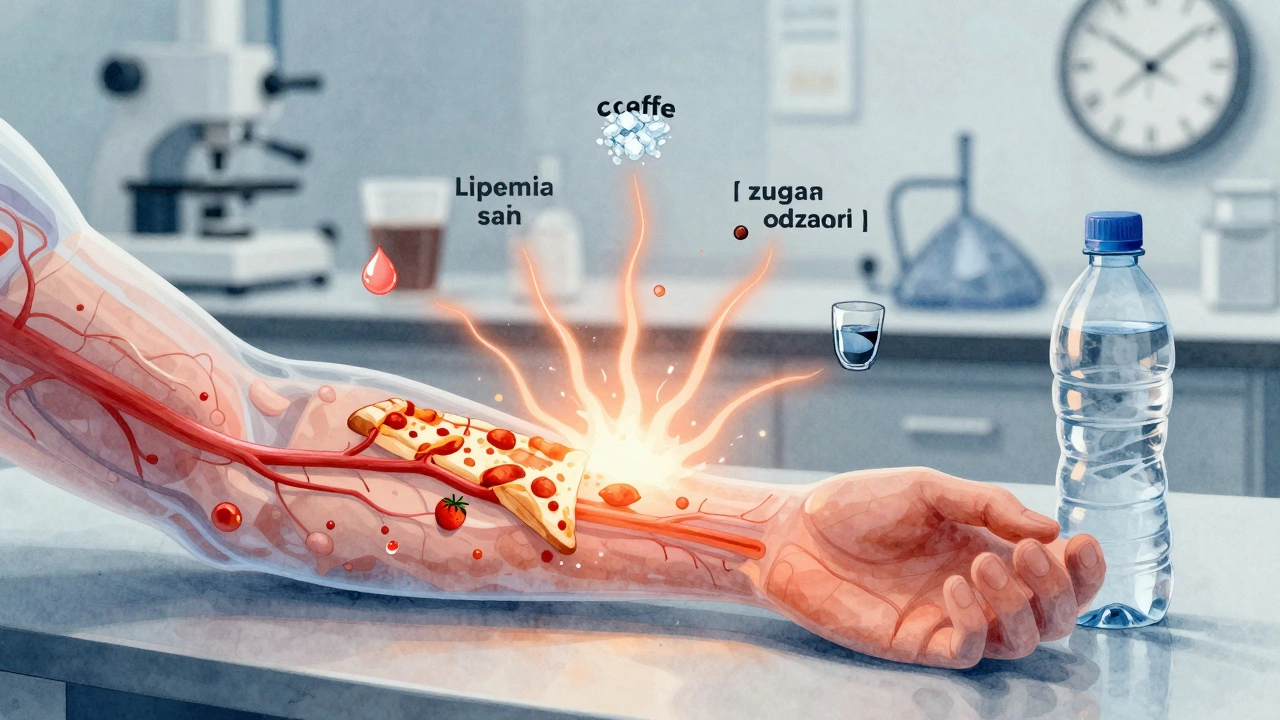 Прозрачная рука с кровеносными сосудами, в которых видны жировые капли, сахар и стрессовые волны от неправильной подготовки.