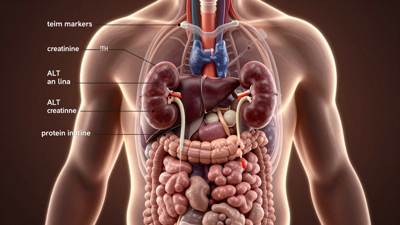 Прозрачное изображение тела с выделенными органами и маркерами базовых анализов.