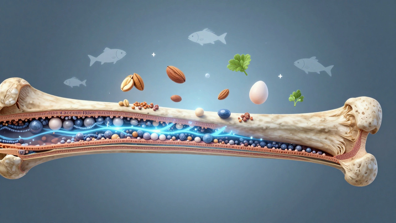 Разрез кости, восстанавливающейся с помощью минералов и продуктов питания, в научно-иллюстрированном стиле.