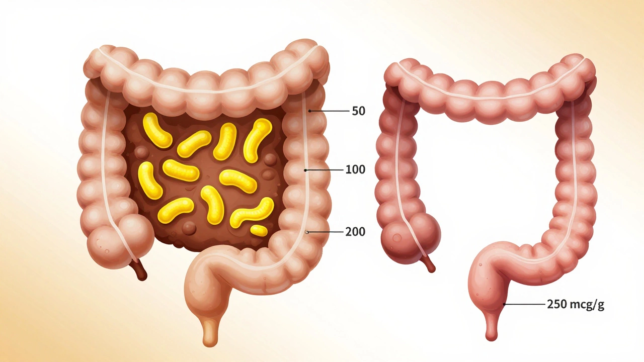 Сравнение нормального и воспалённого кишечника с уровнем кальпротектина в кале, в научном стиле.