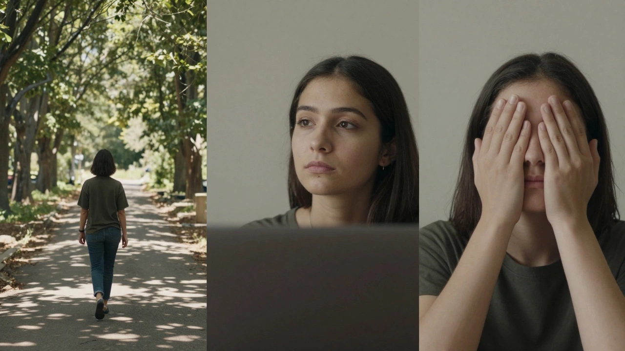 Три сцены: прогулка на свежем воздухе, взгляд вдаль и отдых глаз — все без очков.