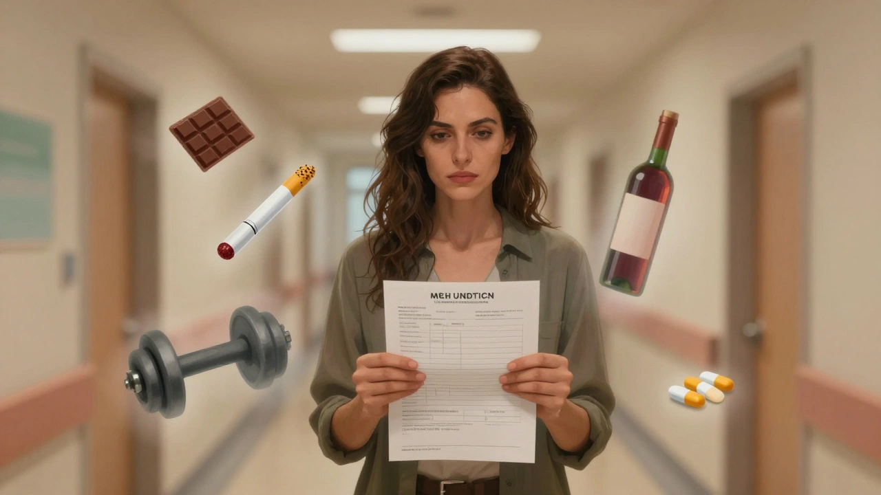 Женщина в больнице, вокруг неё исчезающие запрещённые предметы: еда, алкоголь, сигареты.