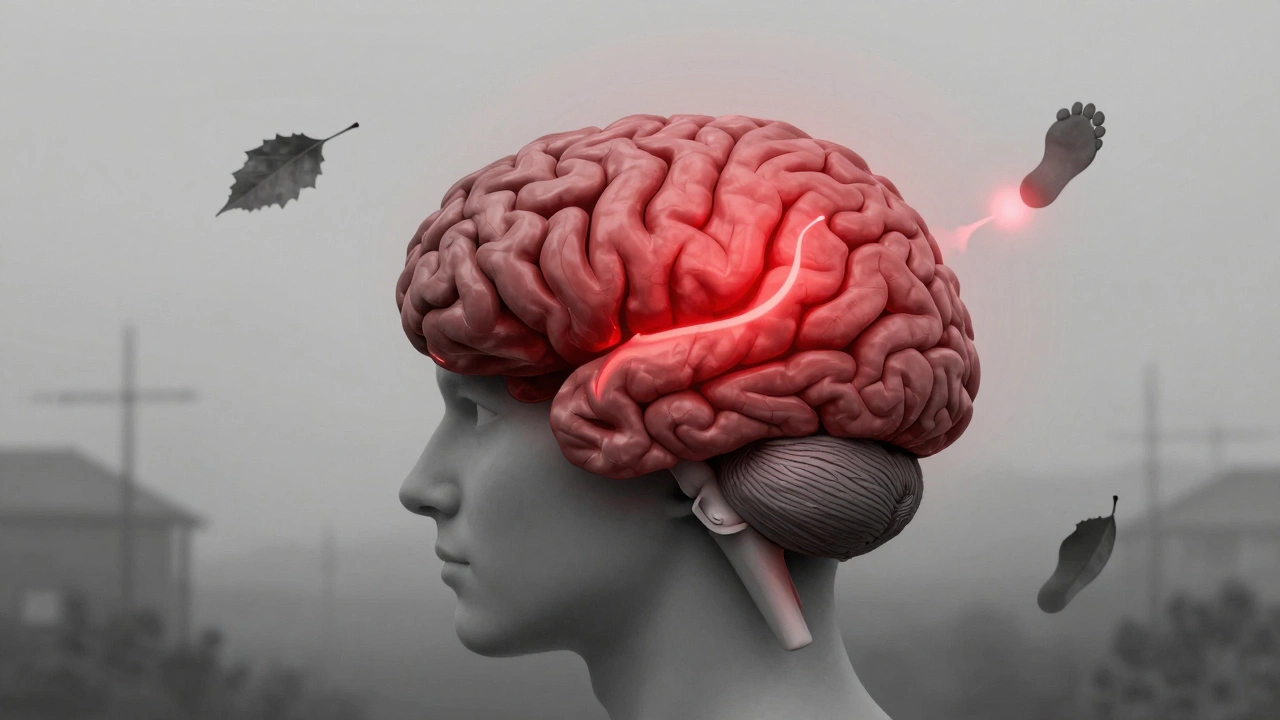 Абстрактное изображение мозга с гиперактивной миндалевидной телом, окружённое триггерами травмы.