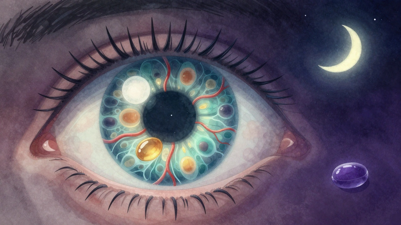 Анатомия глаза с защитными пигментами и кровотоком, фон — ночное небо с луной.
