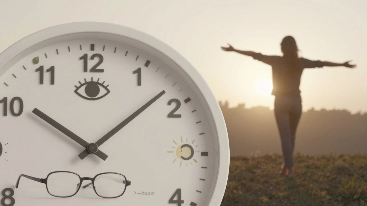 Часы с символами здоровья: еда, отдых, сон, солнце; очки лежат без дела, человек идет на улицу утром.