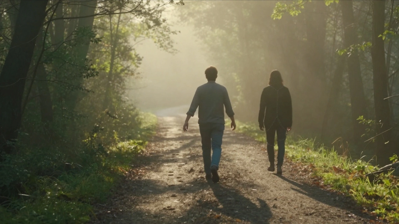 Человек идёт по лесной тропе на рассвете, за ним — тень прошлого, впереди — свет.