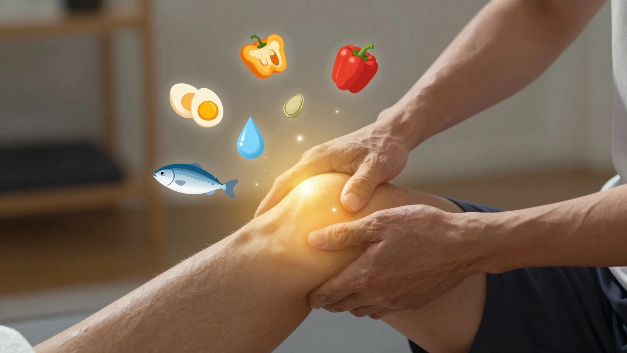 Человек мягко двигает суставом, вокруг него — символы белка, витамина С и воды.