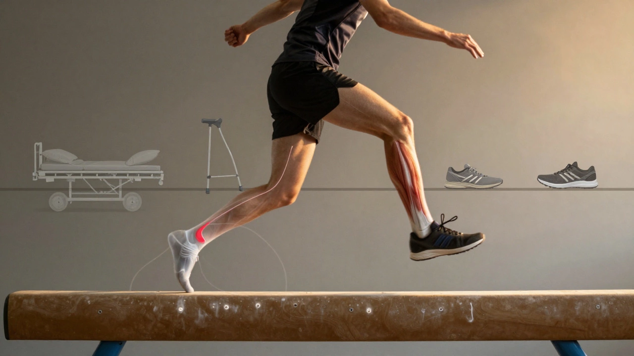 Человек прыгает на баланс-балке, символизируя восстановление после травмы.