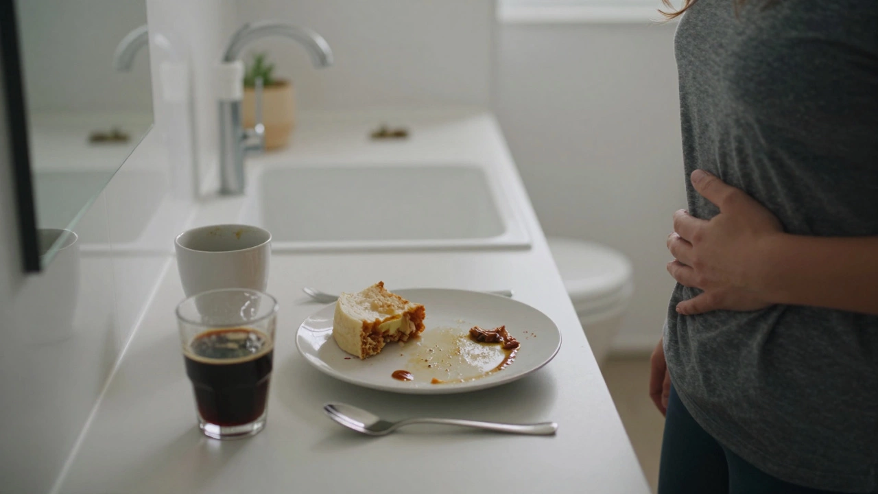 Человек смотрит в зеркало, заметив тусклый оттенок кожи, рядом темная моча и светлый кал