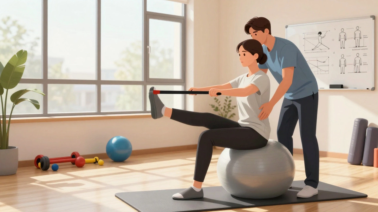 Физиотерапевт помогает пациенту выполнять упражнение с эластичной лентой в реабилитационном зале.
