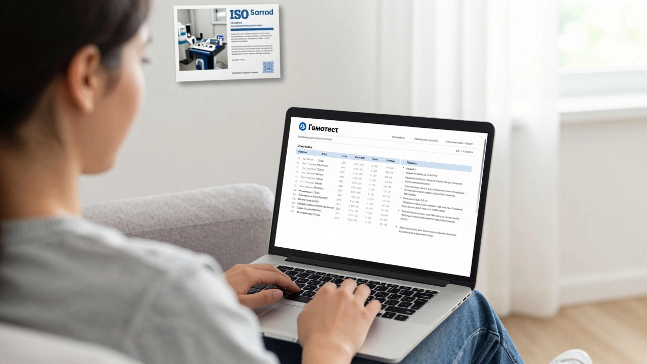 Пациент просматривает подробные результаты анализов на экране с пояснениями от лаборатории Гемотест.