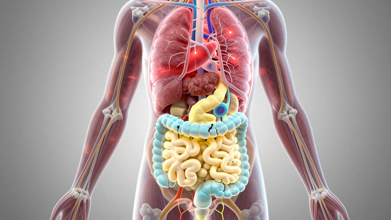 Прозрачное изображение человеческого тела с подсвеченными нарушениями обмена веществ: жир на талии, заблокированная глюкоза, гормональный дисбаланс.