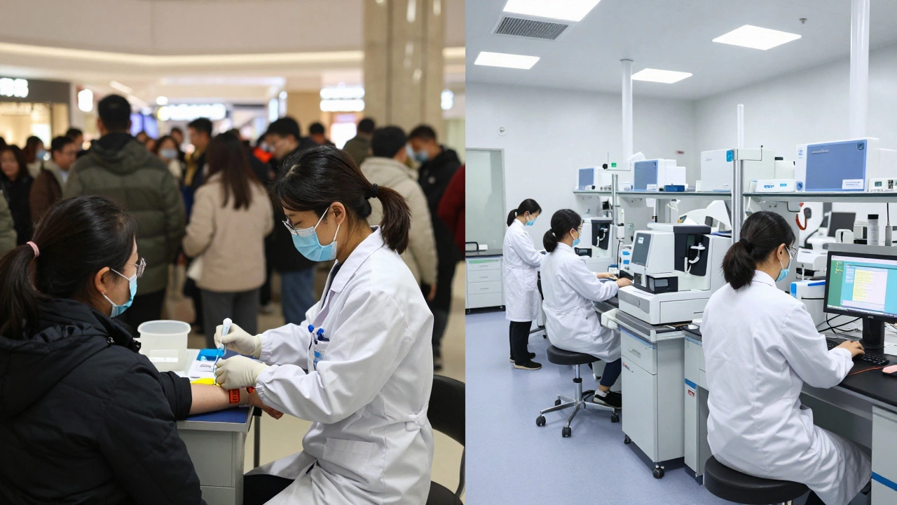 Сравнение: ненадежная лаборатория в торговом центре и профессиональный медицинский центр с современным оборудованием.