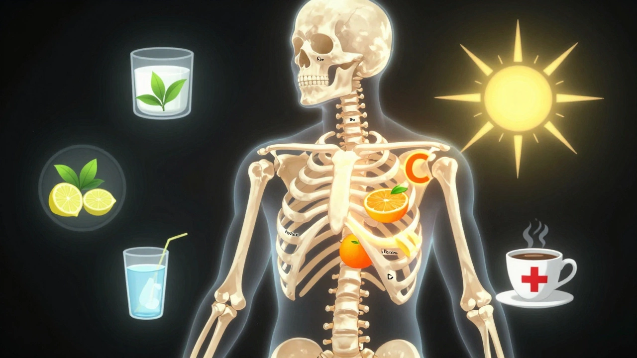 Светящийся скелет, в который втекают питательные вещества из напитков, а вредные напитки отмечены красным крестом.