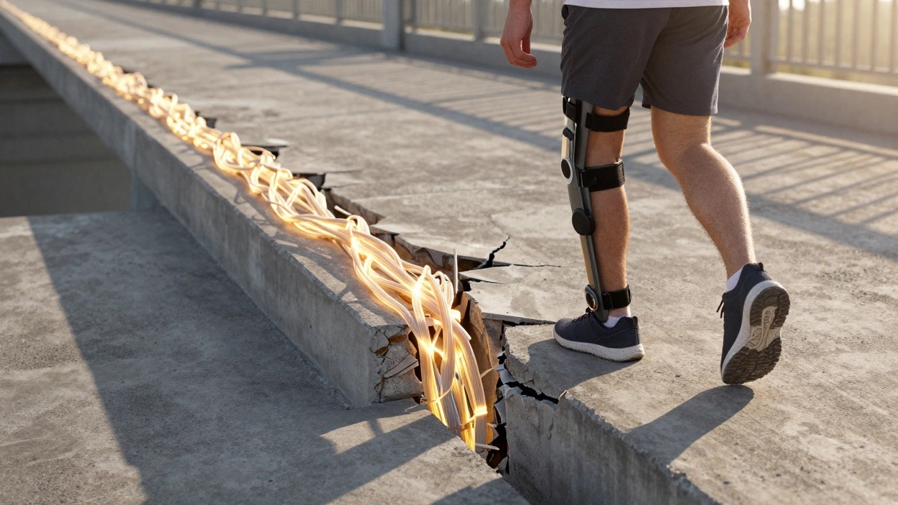 Восстановленная ткань как мост с волокнами, человек осторожно шагает с ортезом на колене.