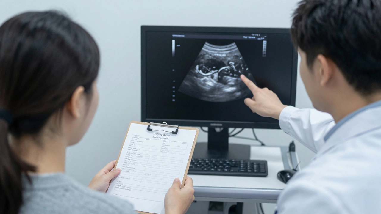 Врач показывает УЗИ печени с признаками фиброза, пациент внимательно смотрит на результат