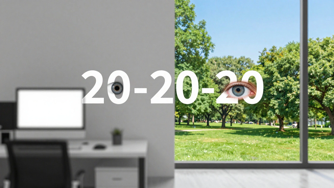 Концепция правила 20-20-20: переход взгляда от экрана к зеленому парку за окном