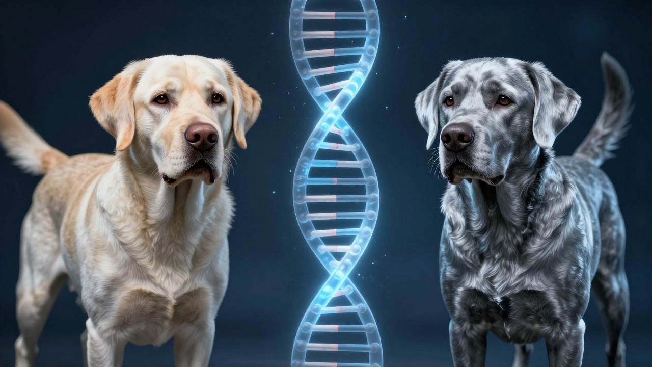 Концептуальное изображение двух лабрадоров и светящейся спирали ДНК