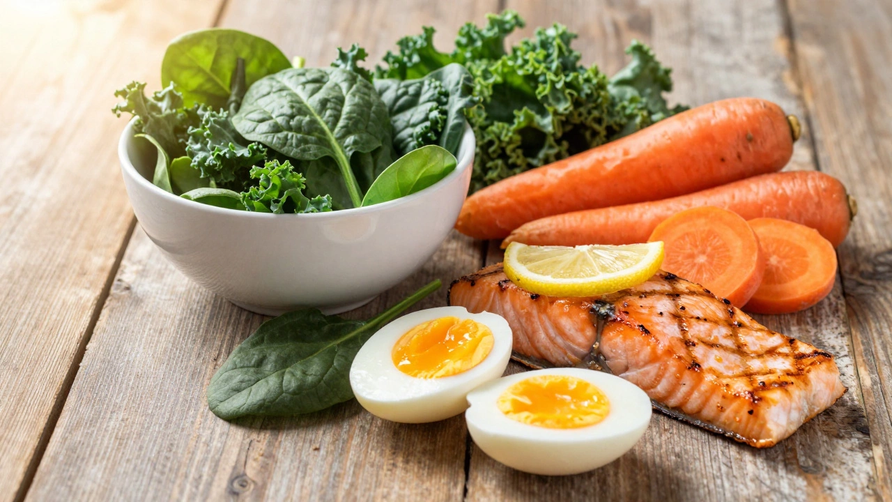 Натюрморт из полезных для зрения продуктов: шпинат, морковь, лосось и яйца