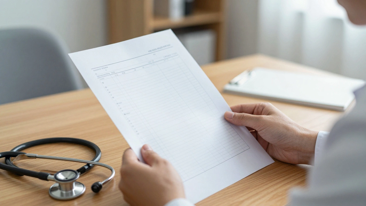 Рука врача, держащая бланк с результатами анализов на столе в кабинете